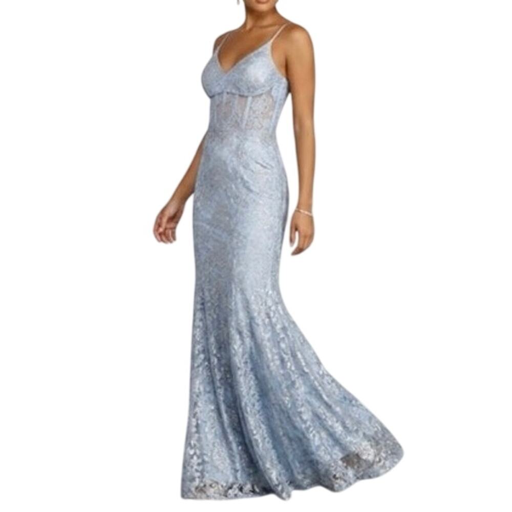 CITY TRIANGLES Lace Gown with Sheer Corset Bodice in Dusty Blue, Sample Size XS